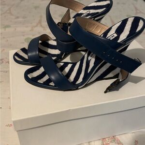 Manolo Blahnik - Navy Strappy Wedge Sandals with Zebra Insole